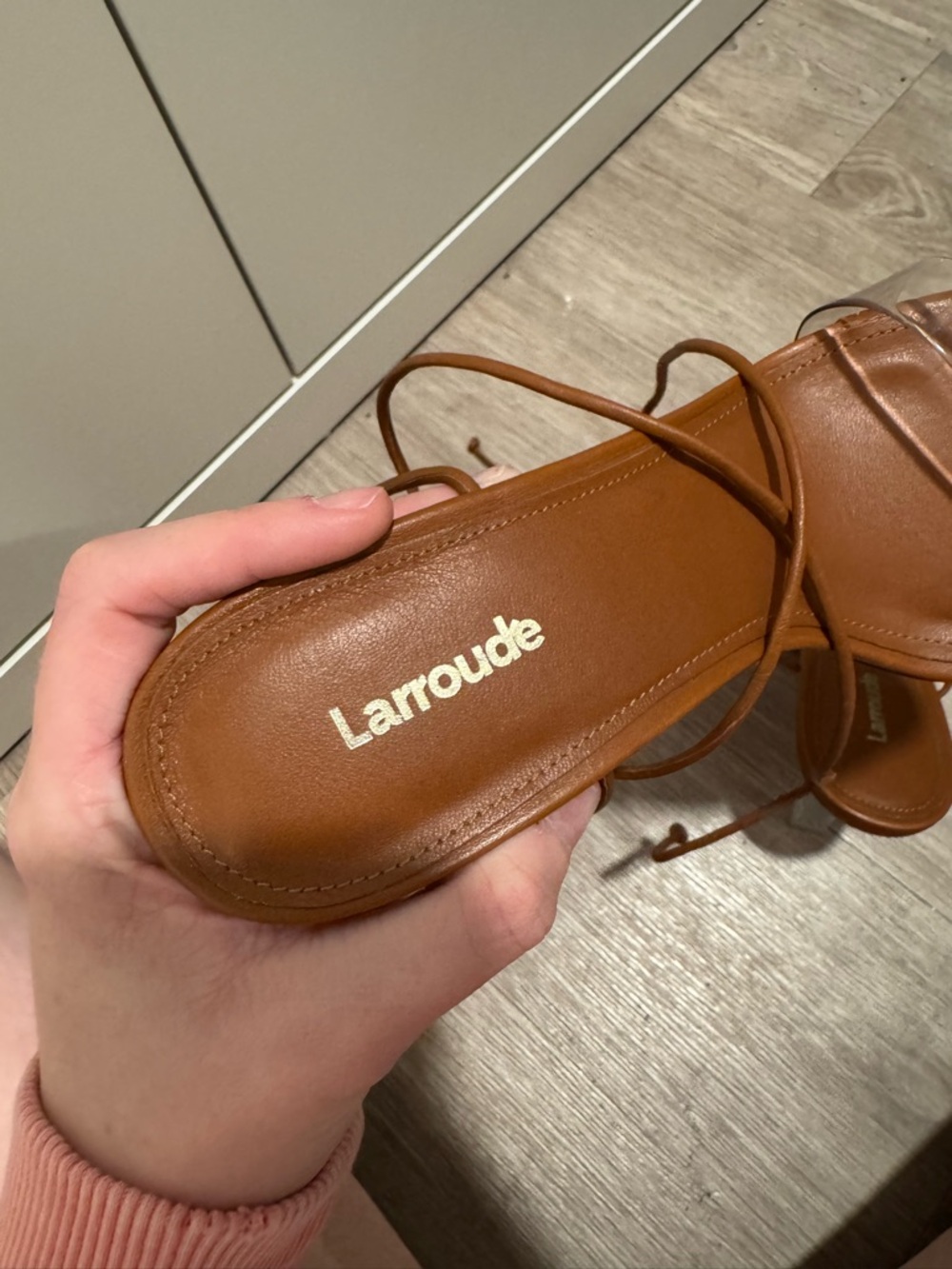 Larroude Tan Leather Lace-Up Sandals